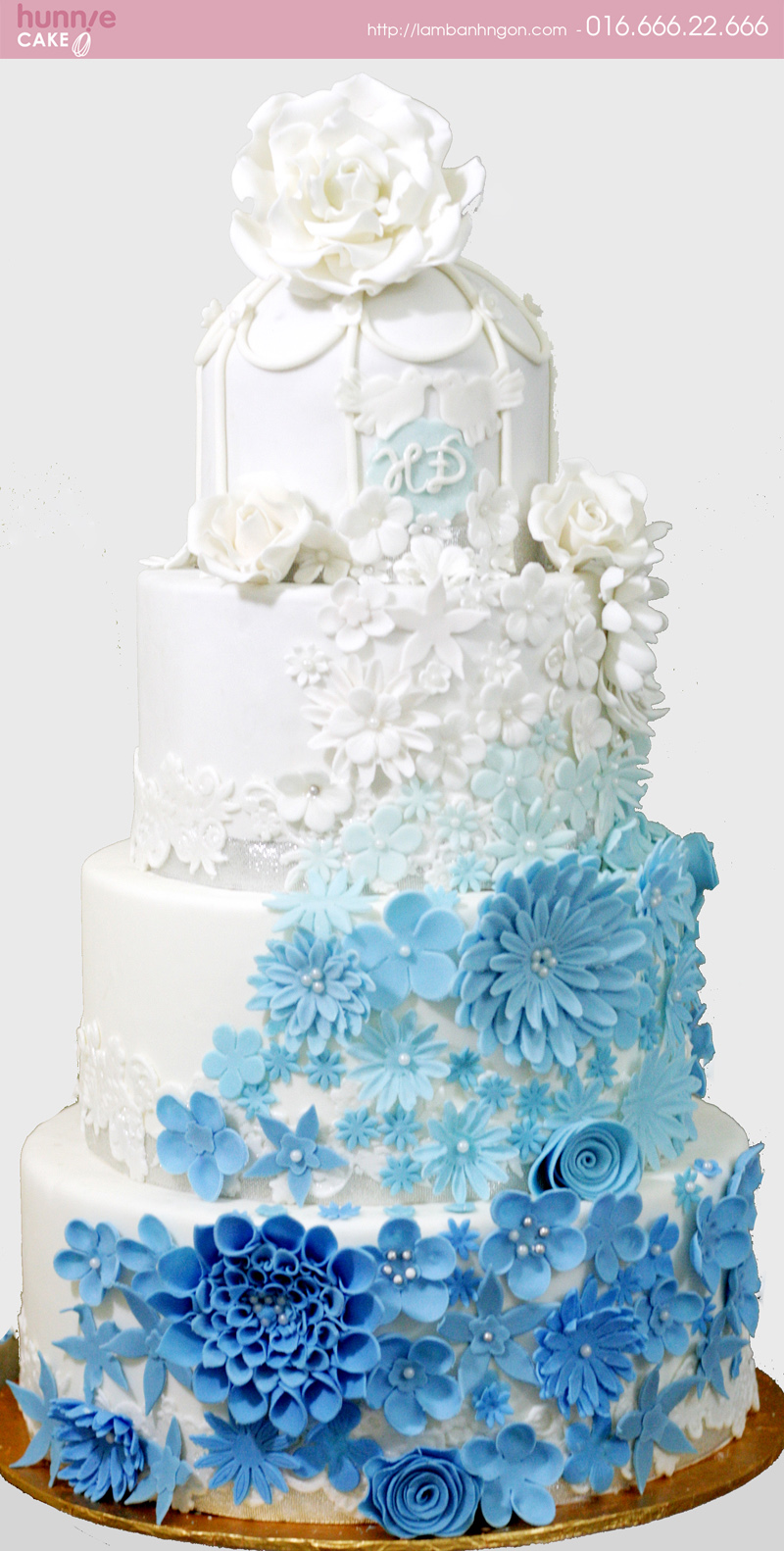 Bánh cưới tông xanh biển trắng trang trí kiểu tổ chim bồ câu 1439 - Bánh ngon đẹp