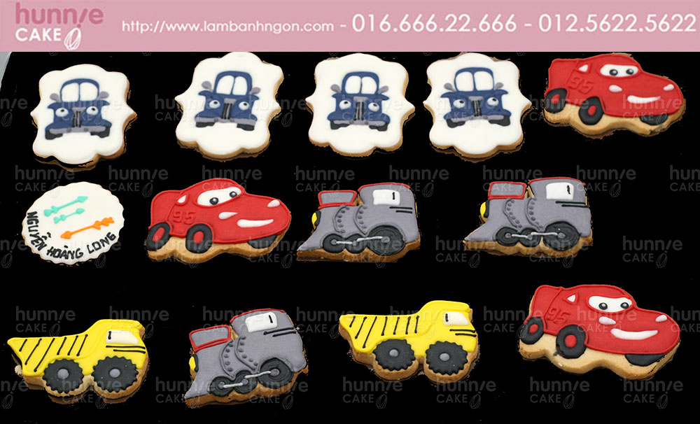 Bánh cookies đường icing sinh nhật chủ đề xe ô tô Mcqueen, xe máy xúc, và xe tải, xe bôn 4021 - Bánh ngon đẹp