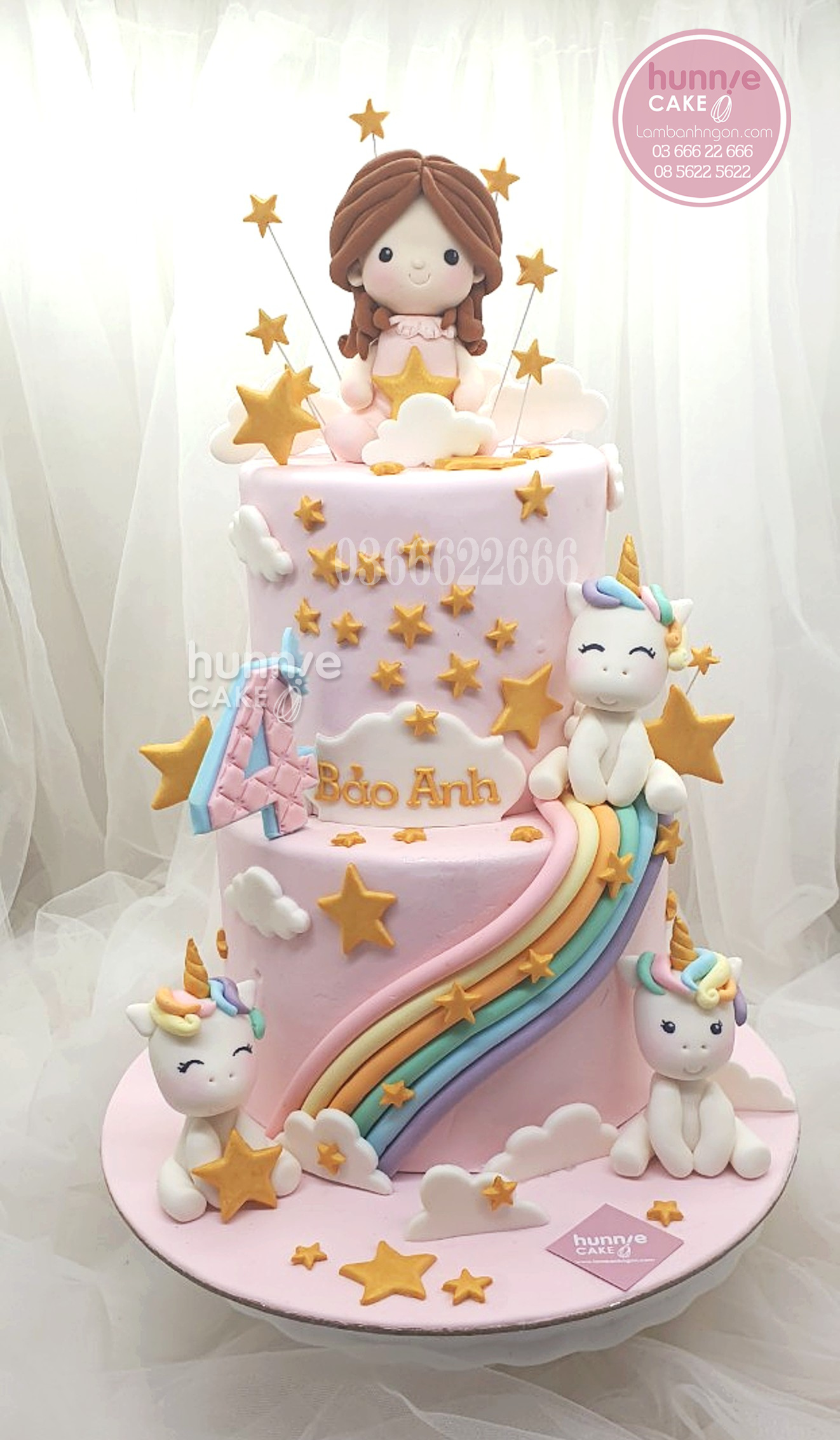 Bánh fondant sinh nhật 2 tầng bé gái và ngựa thiên thần unicorn đẹp lấp lánh sắc màu 10198 - Bánh ngon đẹp