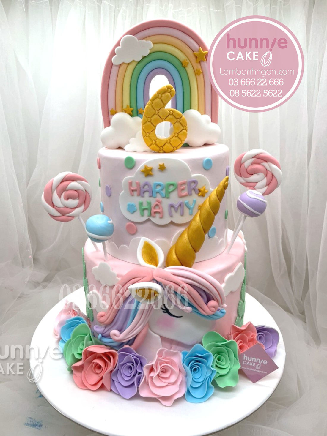 Bánh fondant sinh nhật 2 tầng ngựa unicorn sắc màu cầu vồng đẹp nhất tặng bé gái 10128 - Bánh ngon đẹp