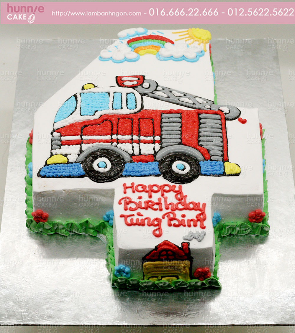 Bánh gato sinh nhật cắt số 4 vẽ hình xe cứu hỏa đỏ cho bé trai 3924 - Bánh ngon đẹp
