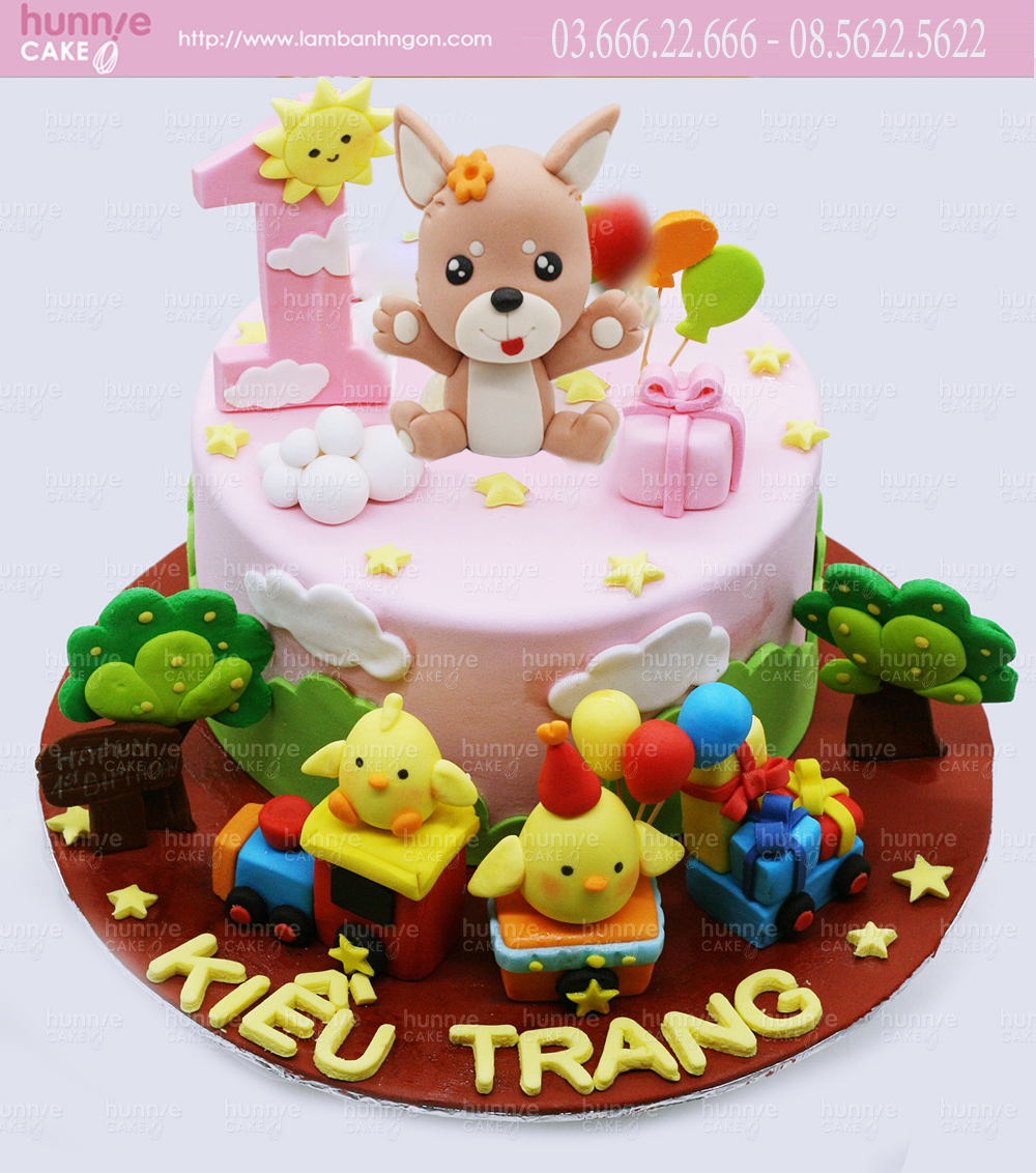 Bánh gato sinh nhật hình con chó đẹp cho bé gái tuổi Tuất với hình ảnh đoàn  tàu gà con trở quà tới mừng sinh nhật 5448 - Bánh fondant
