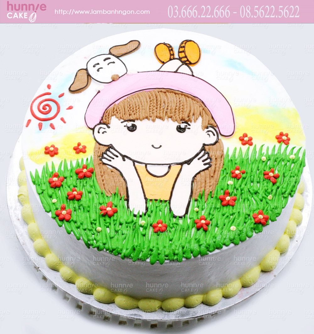 Bánh gato sinh nhật vẽ hình bé gái tạo dáng đáng yêu trên đồng cỏ xanh và  con chó nhỏ ngộ nghĩnh 5086 - Bánh sinh nhật, kỷ niệm