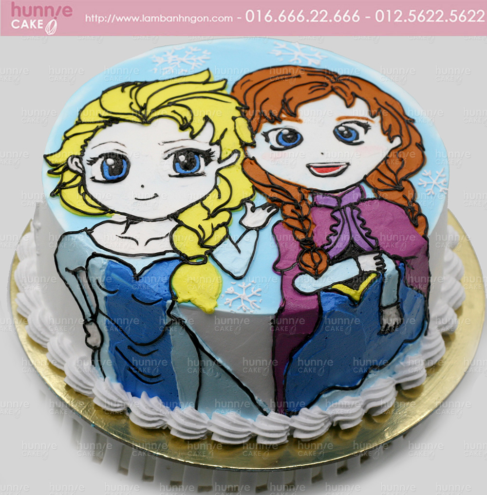 Bánh gato sinh nhật vẽ hình chibi chị em công chúa Elsa và công ...