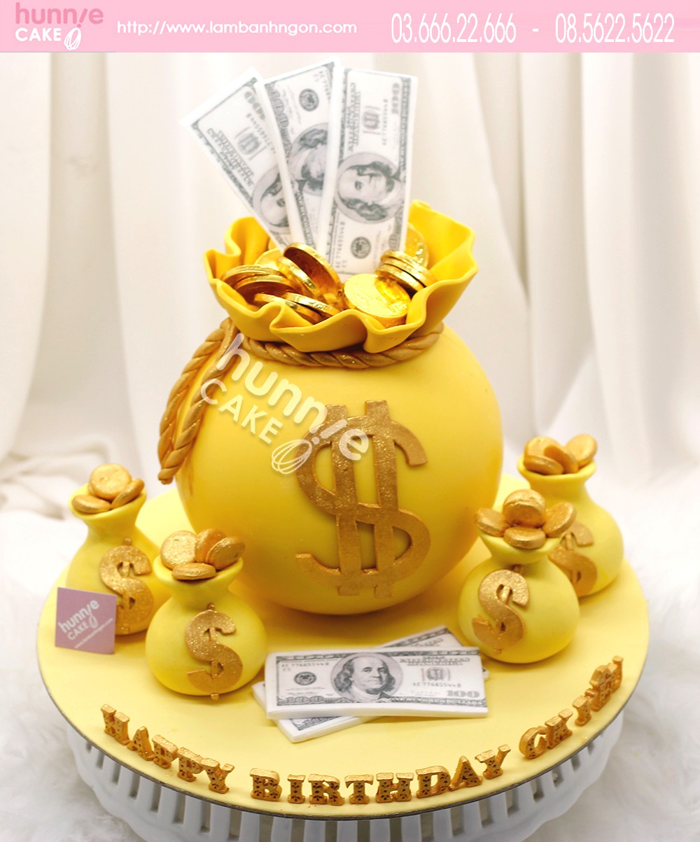 Bánh hình hũ tiền dát vàng với đầy ắp đô la mang sự giàu sang và sung túc cho người được nhận 8179 - Bánh ngon đẹp