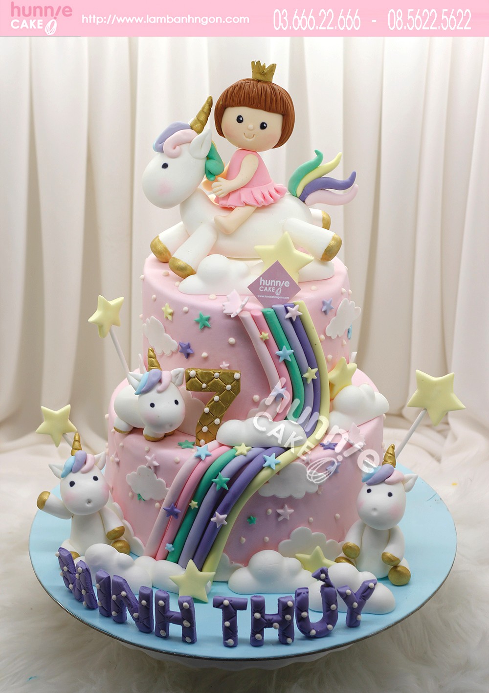 Bánh sinh nhật 2 tầng bé gái và ngựa 1 sừng  unicorn thiên thần đẹp lung linh sắc màu 8057 - Bánh ngon đẹp