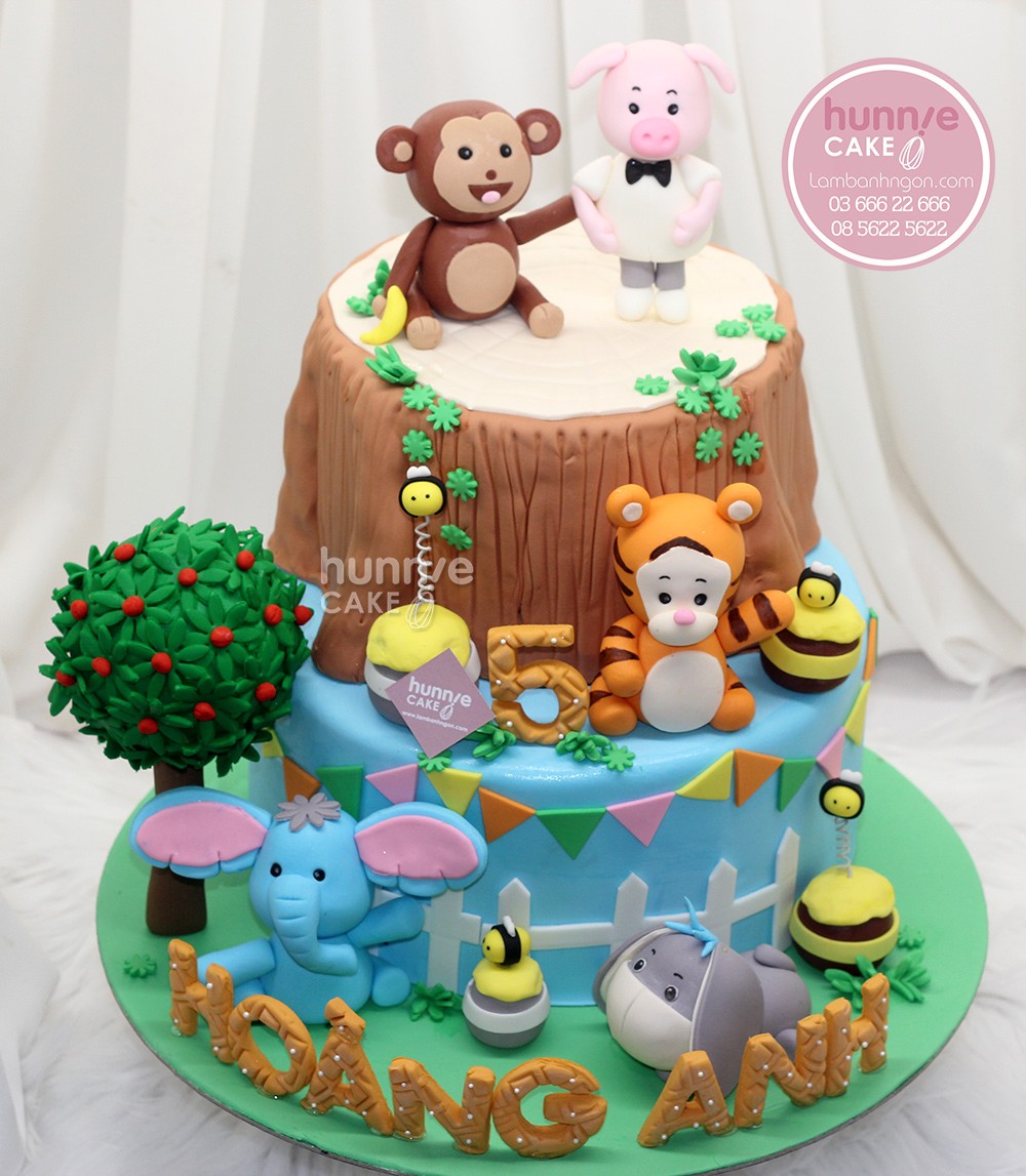 Bánh sinh nhật 2 tầng lợn hồng, khỉ nâu, sư tử và voi xanh đẹp đáng yêu 9206 - Bánh ngon đẹp