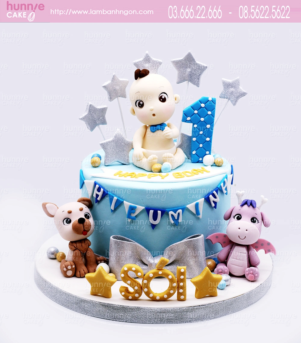 Bánh sinh nhật bé trai 1 tuổi đáng yêu với chó con và rồng con ngộ nghĩnh 6108 - Bánh ngon đẹp