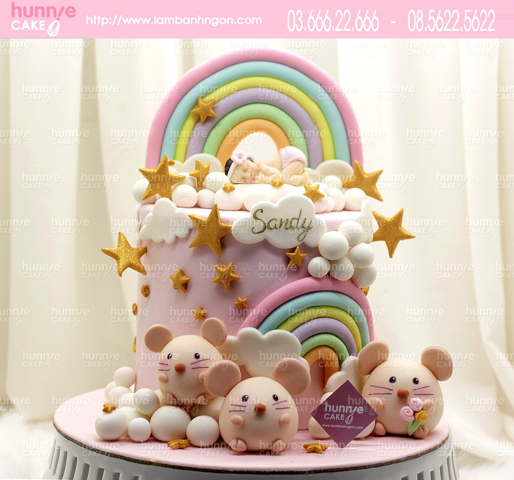 Bánh sinh nhật con chuột 7 sắc cầu vồng đẹp ấn tượng với gia đình chuột tặng bé gái tuổi tí 7249 - Bánh ngon đẹp