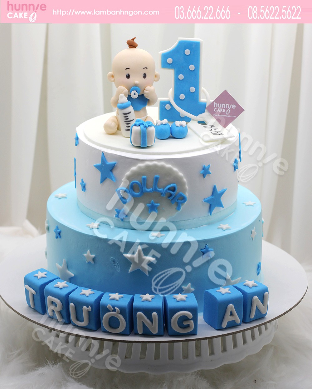 Bánh kem sinh nhật bé trai 1 tuổi chủ đề voi xanh fondant | vuatrangtri.vn