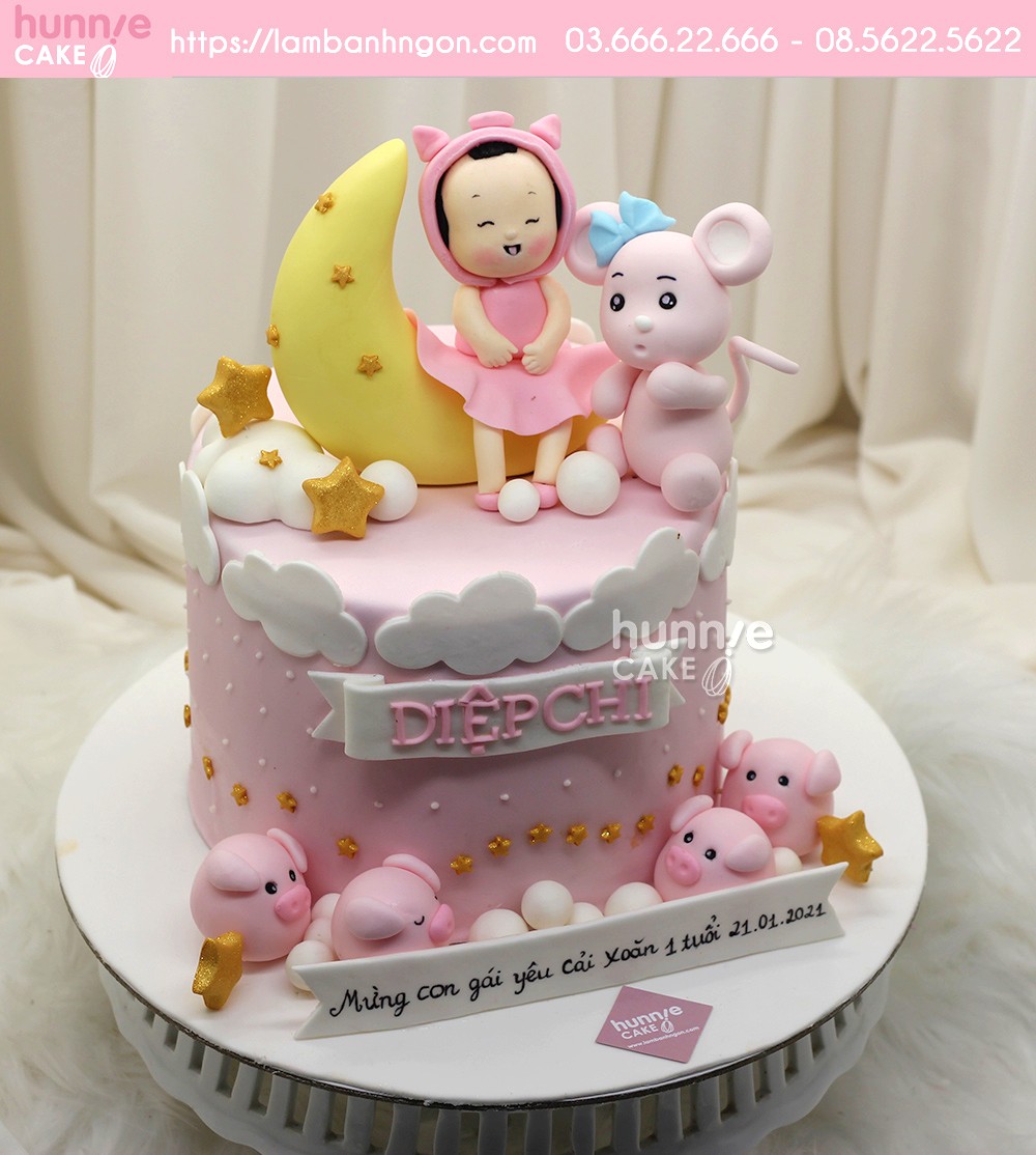 Bánh sinh nhật chuột hồng đáng yêu tặng bé gái 1 tuổi 8493 - Bánh ngon đẹp