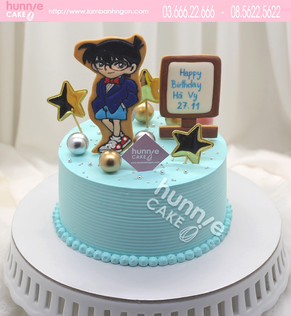 Bánh kem sinh nhật màu xanh in hình cậu bé Conan thông minh Bánh Thiên Thần Chuyên nhận đặt bánh sinh nhật theo mẫu