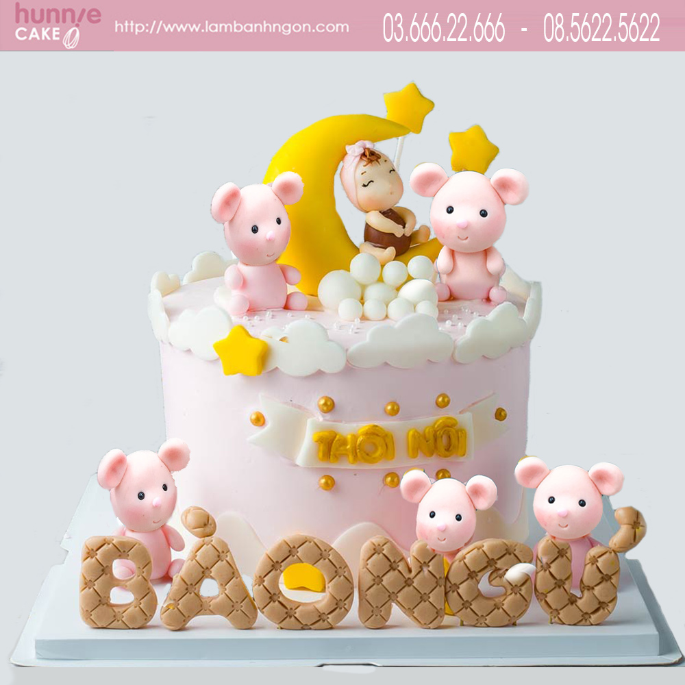 Bánh sinh nhật thôi nôi đầy tháng bé gái và đàn chuột con hồng đẹp tặng sinh nhật bé tuổi tý 7556 - Bánh ngon đẹp