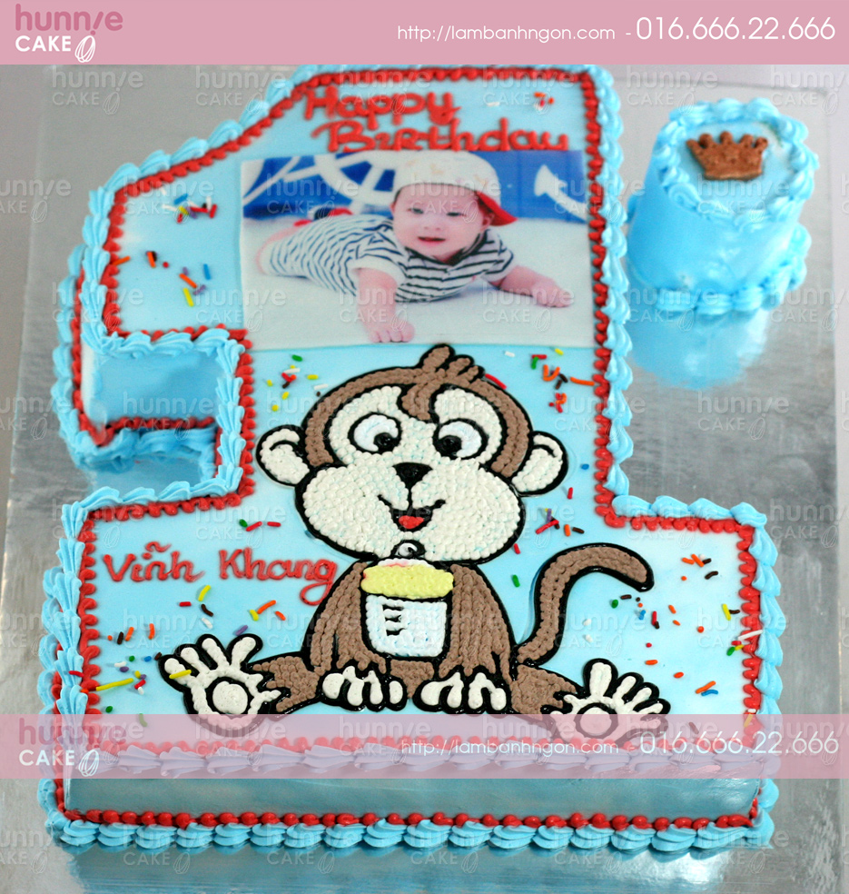 Bánh gato sinh nhật cắt hình số 1 tông xanh vẽ hình khỉ con bên ...
