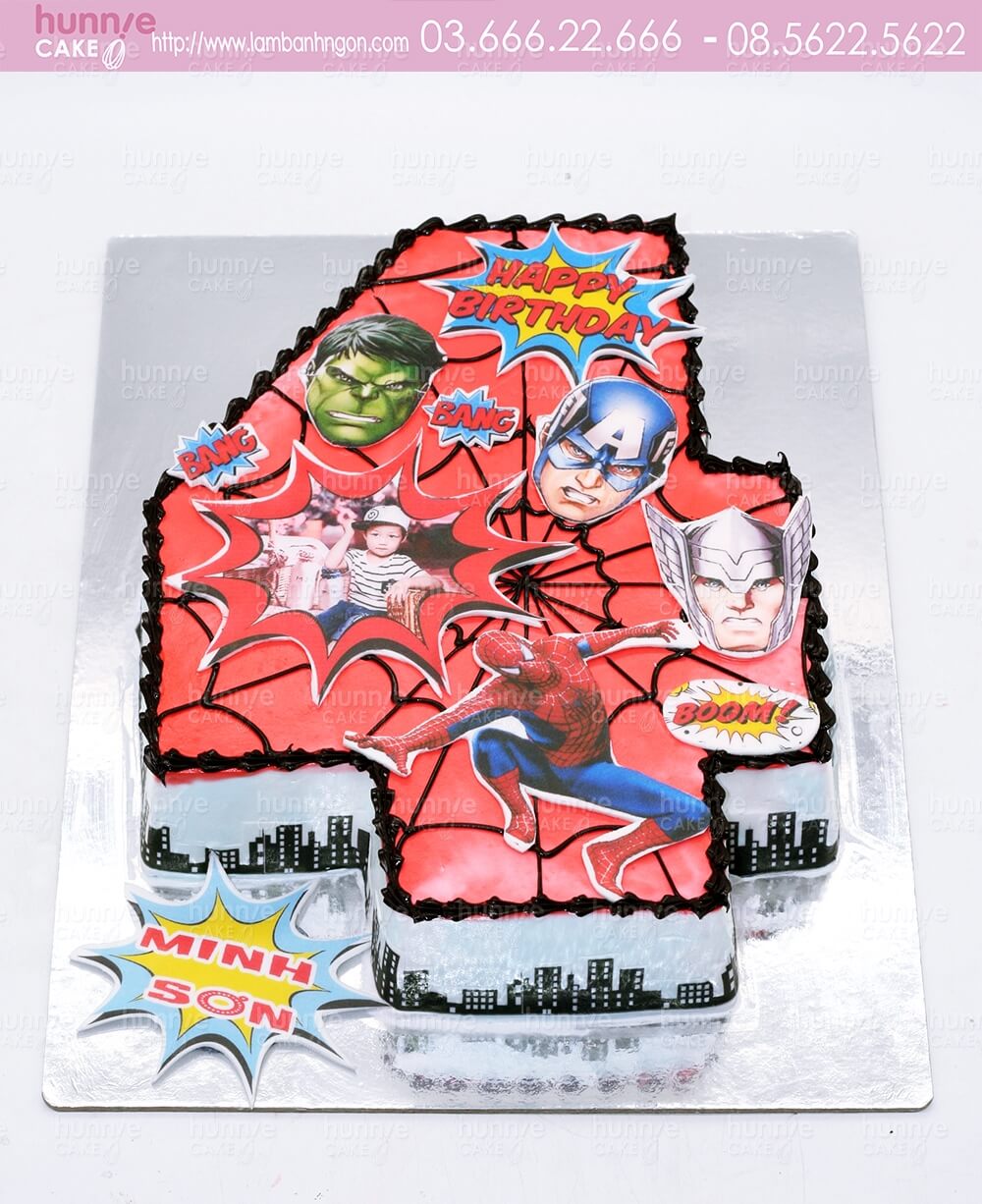 Bánh gato sinh nhật in ảnh cắt hình số 4 chủ đề siêu nhân, siêu anh hùng người nhện Spiderman, Hulk, Captan American.. tặng sinh nhật bé trai 5802 - Bánh ngon đẹp