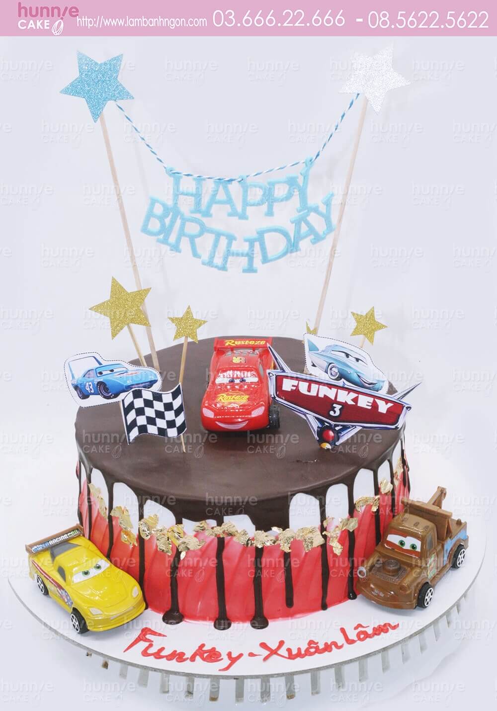 Bánh gato sinh nhật xe ô tô Mcqueen tia chớp và các bạn xe ô tô vui mừng về đích chúc mừng sinh nhật bé trai 3740 - Bánh ngon đẹp