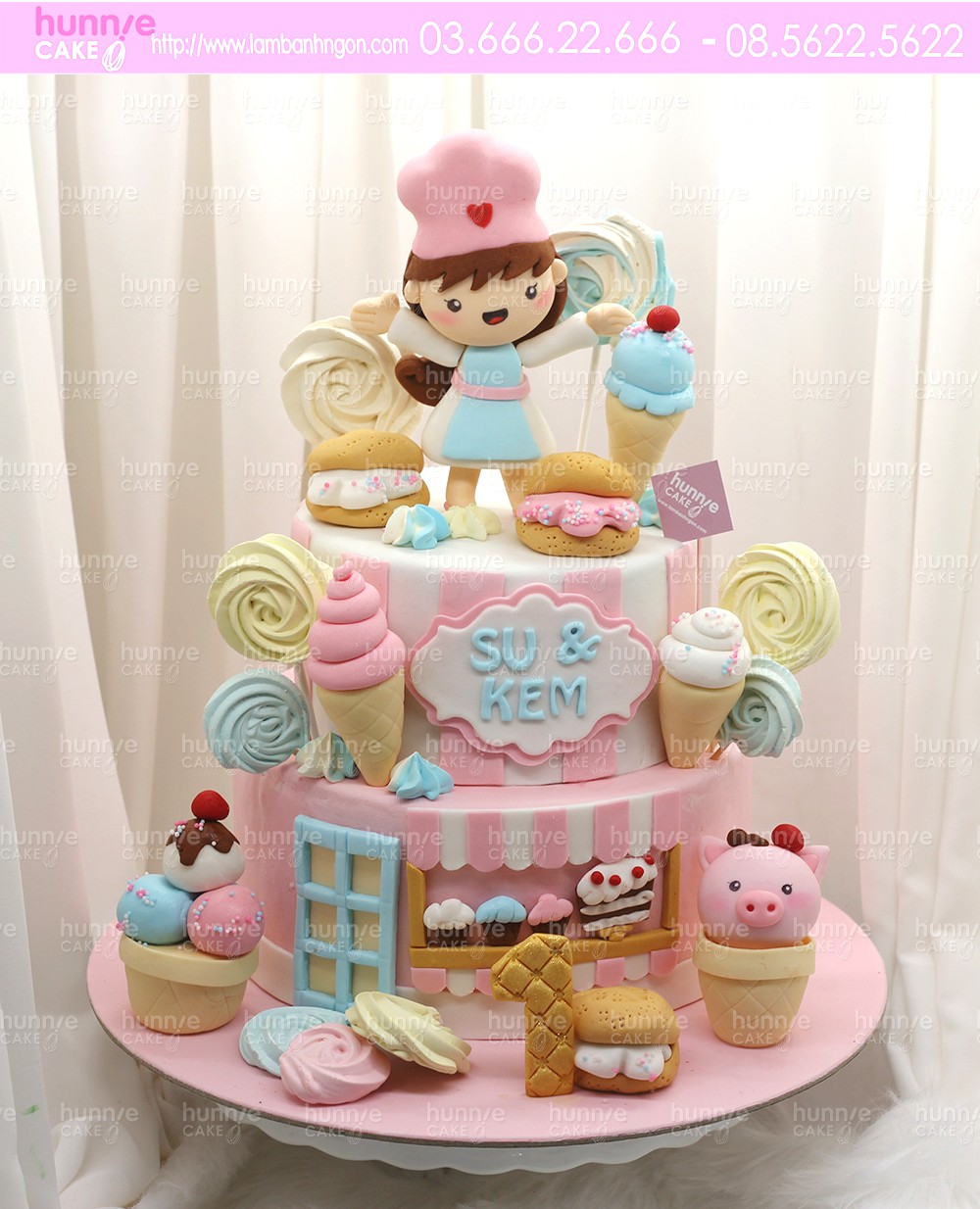 Bánh sinh nhật 2 tầng tặng bé gái tuổi hợi với mơ ước tiệm bánh ngọt ngào 6953 - Bánh ngon đẹp