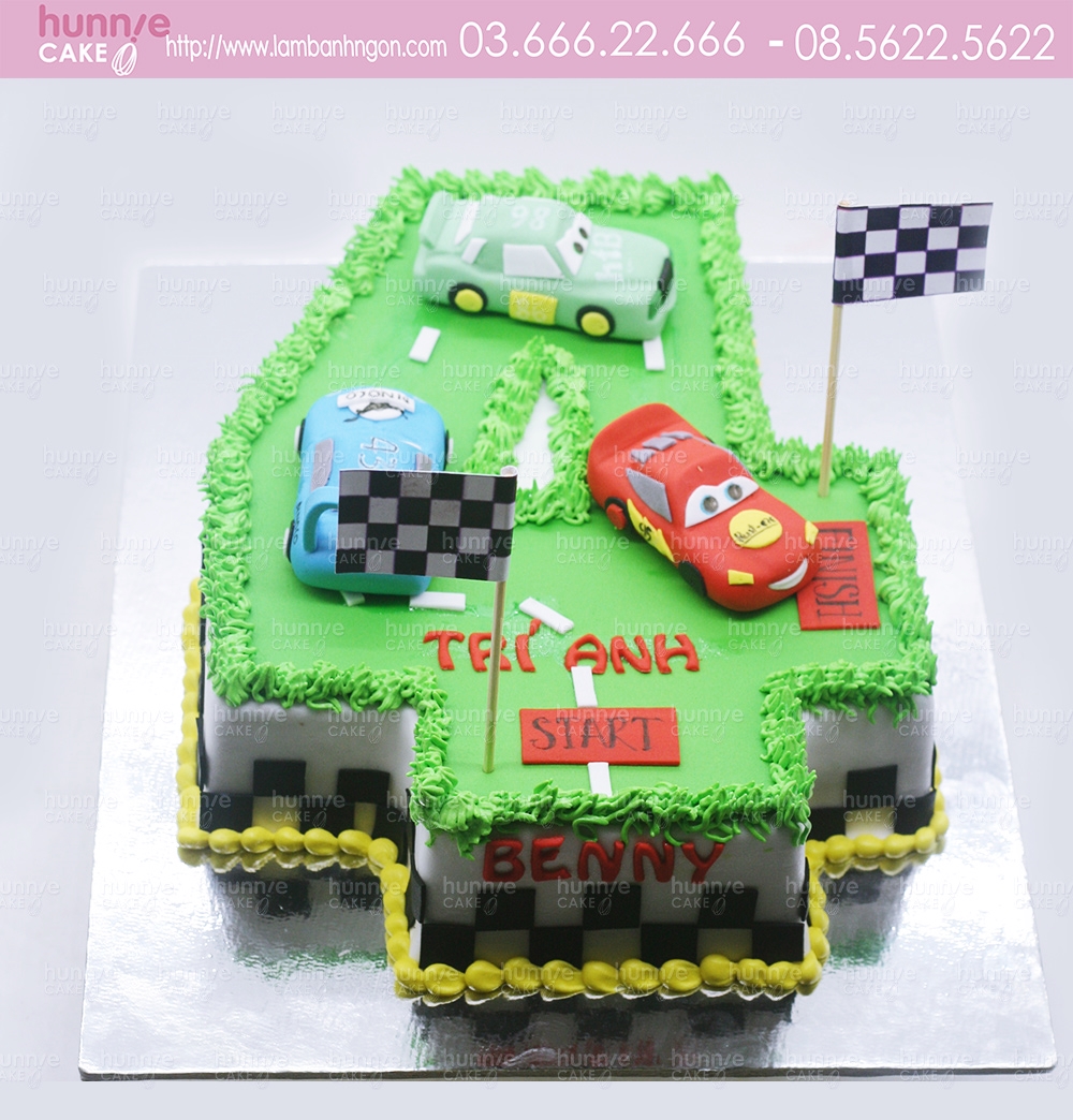 Bánh gato sinh nhật tạo hình số 4 với xe ô tô Mcqueen trên đường đua về đích 5715 - Bánh ngon đẹp