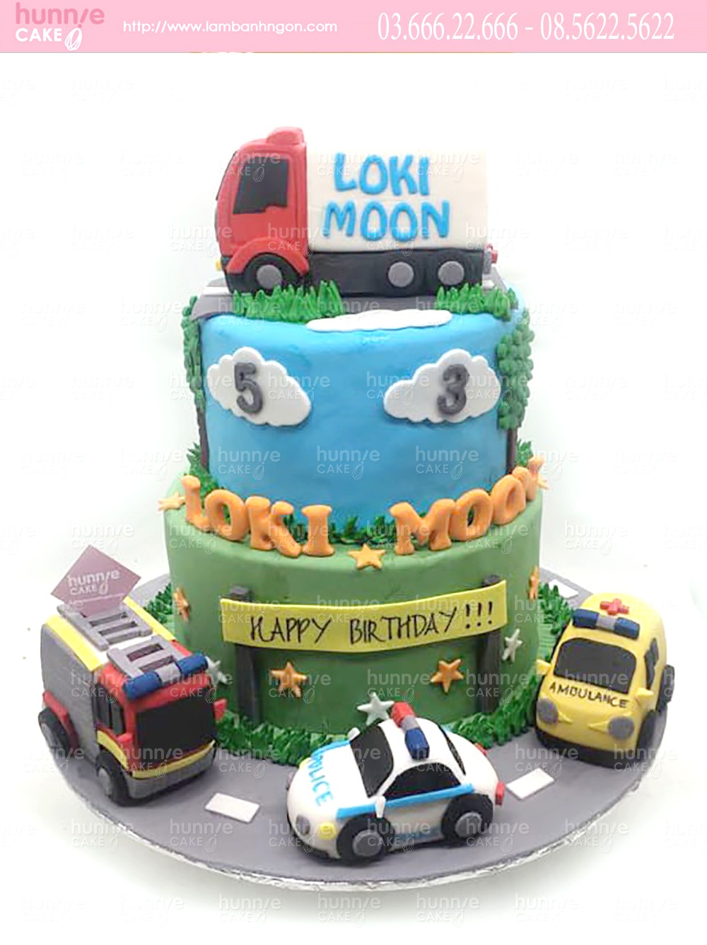 Bánh sinh nhật hai tầng xe ô tô tải, xe ô tô cảnh sát, xe cứu thương cùng tham gia giao thông 6908 - Bánh ngon đẹp