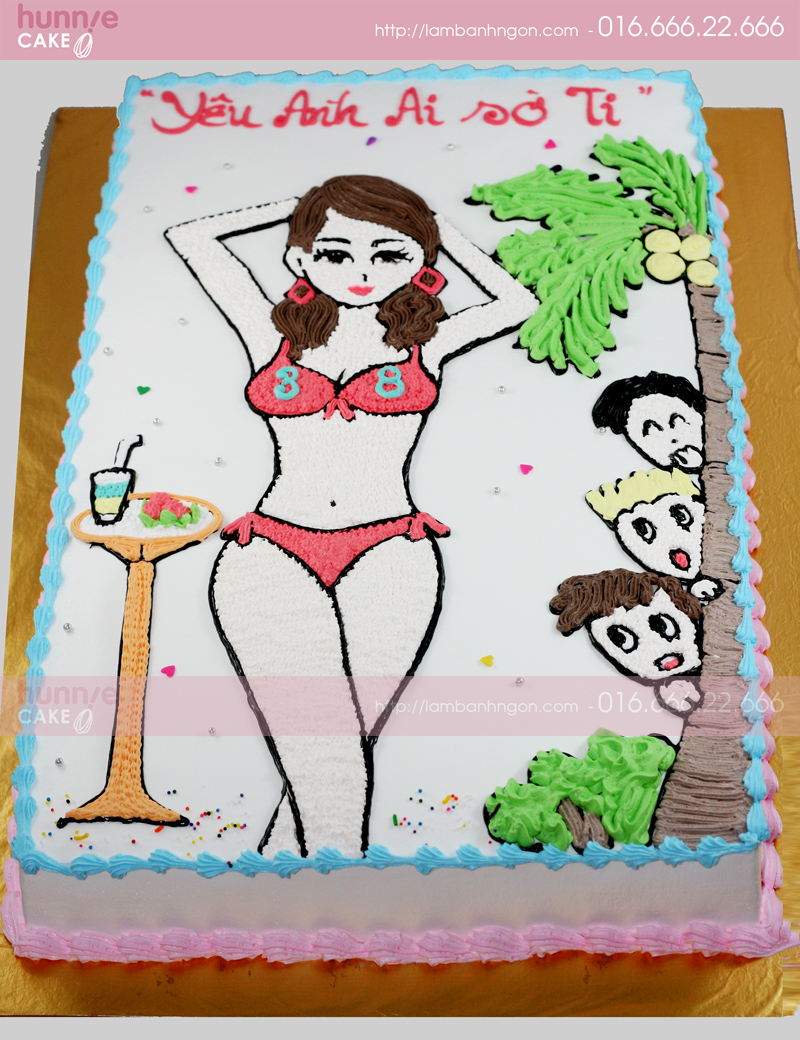Với chiếc bánh sinh nhật được vẽ hình cô gái mặc bikini tinh tế và đẹp mắt, bạn như đang đắm mình trong bầu không khí của những kỳ nghỉ tuyệt vời trên bãi biển. Với những mảng kem ngọt ngào và nhiều màu sắc, chiếc bánh này nhất định sẽ làm cho bữa tiệc sinh nhật của bạn trở nên vô cùng độc đáo và ấn tượng.