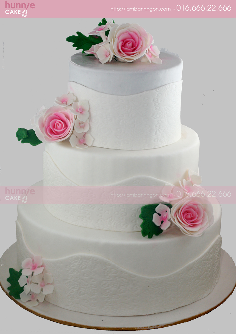 Bánh cưới 3 tầng hoa hồng tình yêu trắng hồng tình tế (2 tầng giả, 1 tầng thật 2309 - Bánh ngon đẹp