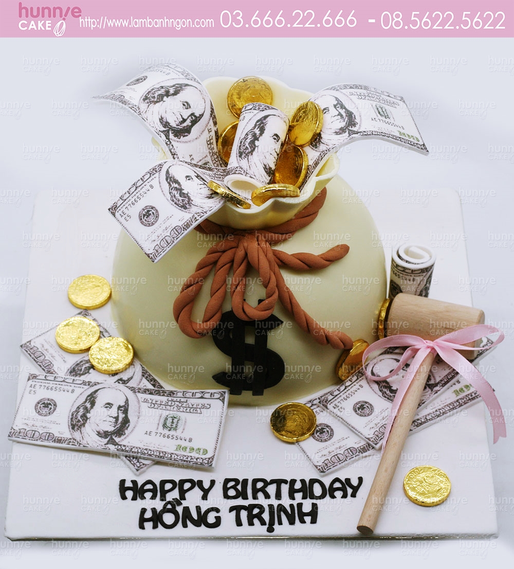 Bánh gato sinh nhật pinata, bánh pinata túi tiền gắn tiền vàng rực rỡ tặng sếp 5291 - Bánh ngon đẹp