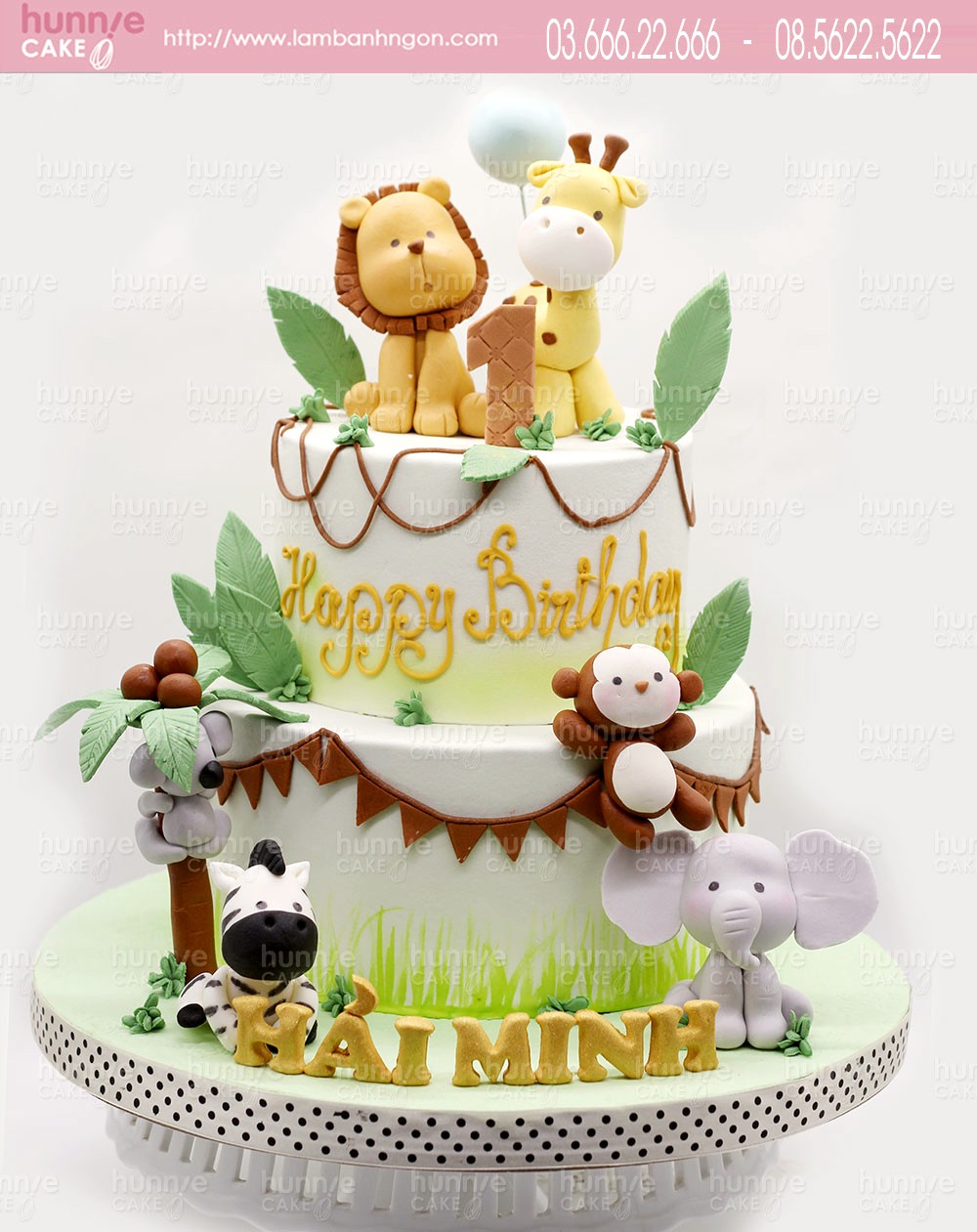 Bánh sinh nhật hai tầng động vật rừng xanh ngộ nghĩnh với hươu cao cổ, sư tử, khỉ, voi và ngựa tặng sinh nhật bé trai 6290 - Bánh ngon đẹp
