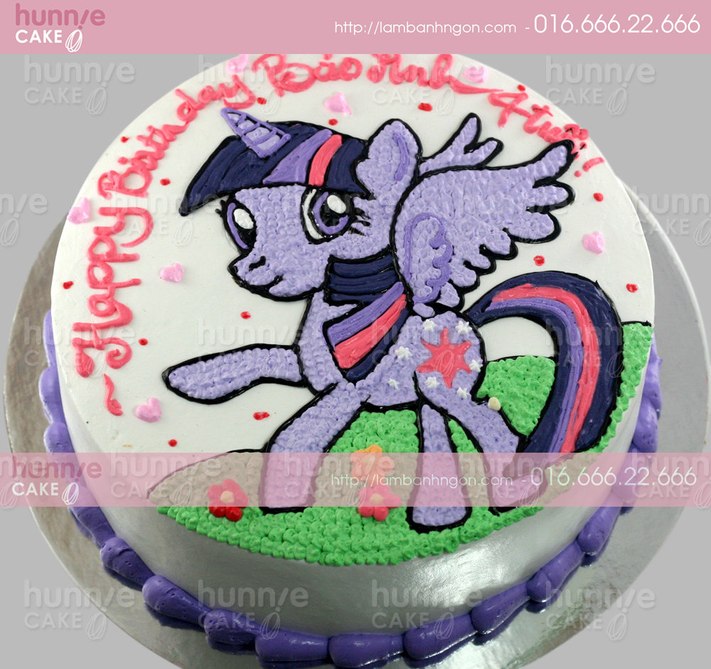 Bánh sinh nhật vẽ hình ngựa Pony mầu tím lấp lánh 3297