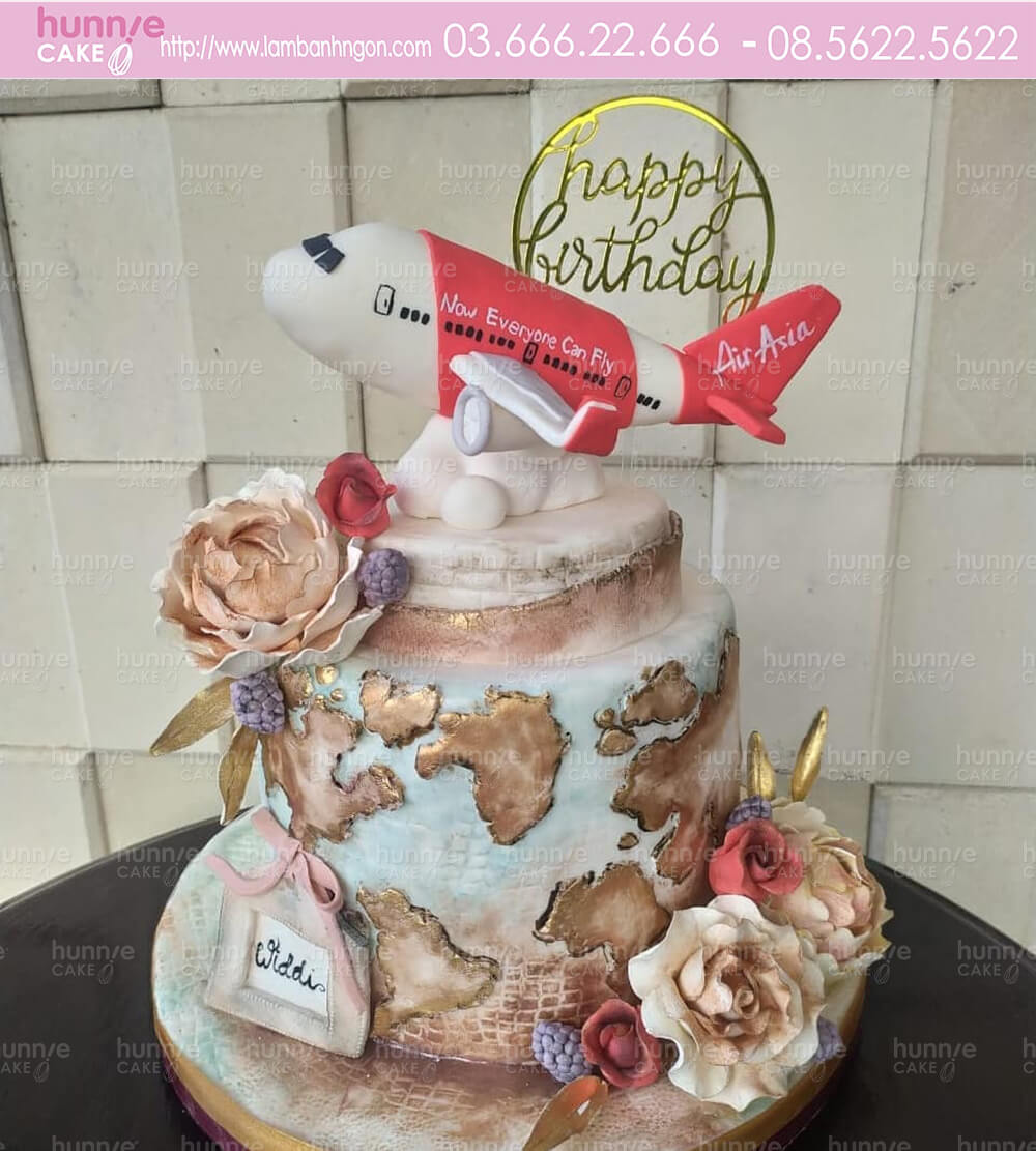 Bánh sinh nhật máy bay và hoa hồng tặng bạn gái yêu du lịch làm hàng không 8755 - Bánh ngon đẹp