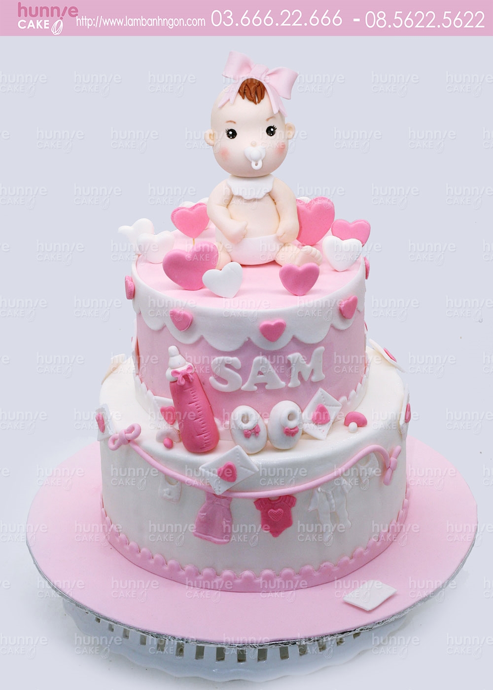 Bánh gato sinh nhật 2 tầng với bé gái đáng yêu 1 tuổi có biệt danh Trà ý  nghĩa va thích chơi thỏ bông 5114 - Bánh fondant